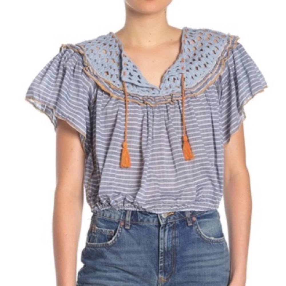 Free People Blue Allora Cotton Striped-  med NWT